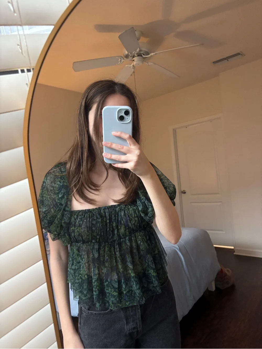 Free People Dark Green Sheer Floral Square-Neck Peplum Blouse